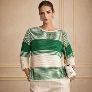Elegant Striped Green and Cream Sweater